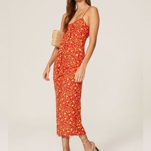 Likely Red Yellow Floral Sleeveless Spaghetti Strap Ruffle Slit Sallie Dress